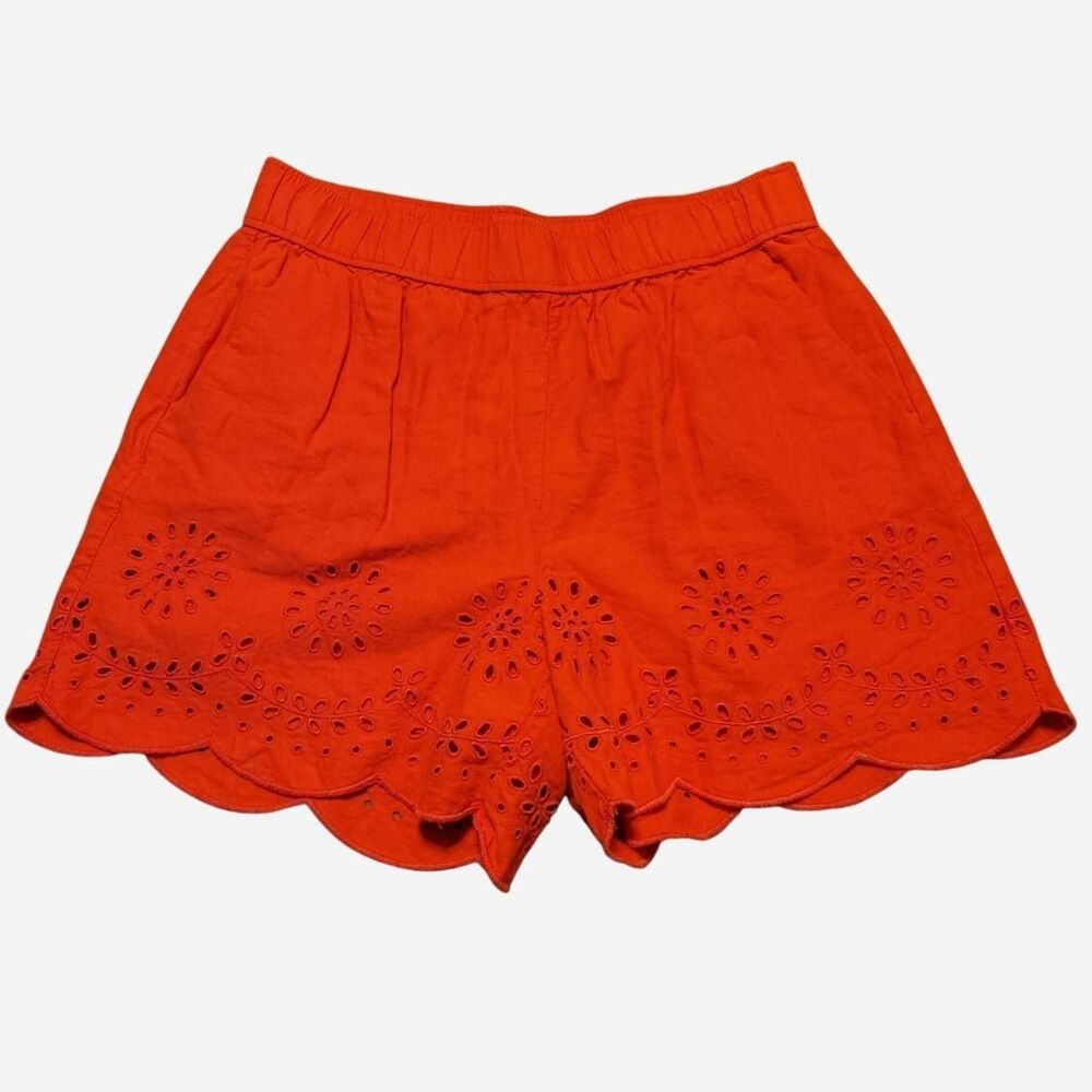 Loft  Linen Cotton Red Shorts Eyelet Scallop Preppy Euro Summer